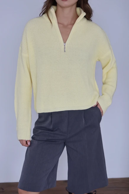 Kadın Sarı Basic Oversize Yarım Pat Fermuarlı Triko Kazak 