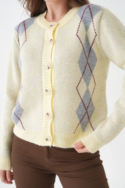 Kadın sarı bisiklet yaka düğme detay desenli triko hırka 8605sw