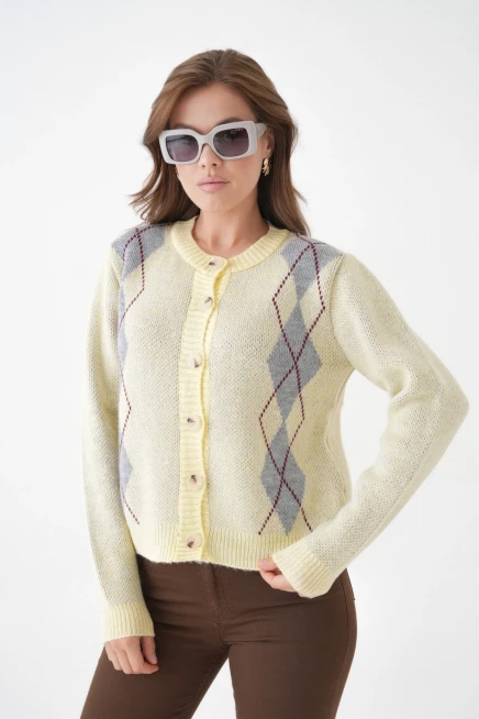 Kadın sarı bisiklet yaka düğme detay desenli triko hırka 8605sw