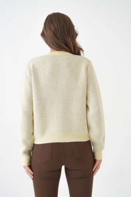 Kadın sarı bisiklet yaka düğme detay desenli triko hırka 8605sw