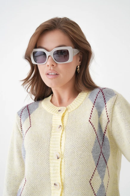 Kadın sarı bisiklet yaka düğme detay desenli triko hırka 8605sw