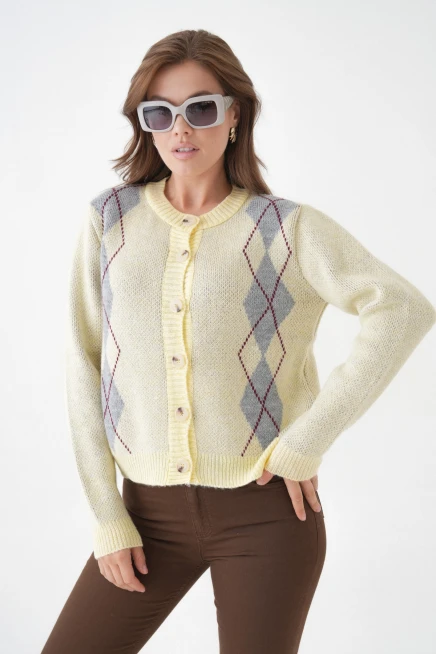 Kadın sarı bisiklet yaka düğme detay desenli triko hırka 8605sw