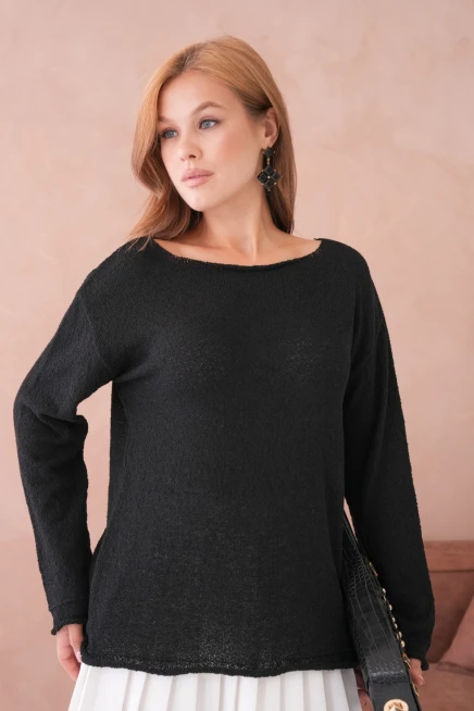 Kadın Siyah Basic Oversize Kayık Yaka Dokulu Triko Kazak 8529sw