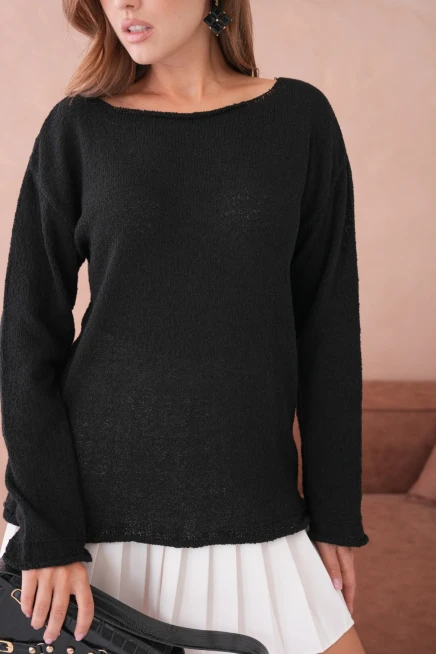 Kadın Siyah Basic Oversize Kayık Yaka Dokulu Triko Kazak 8529sw