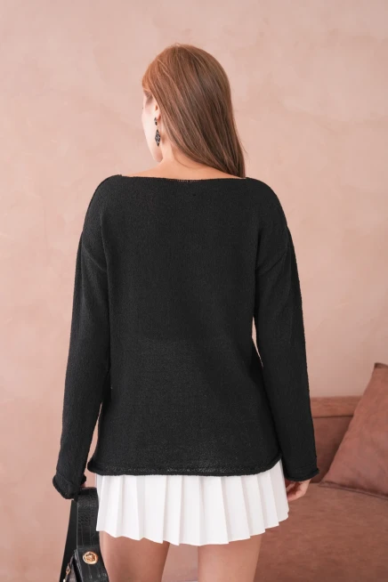 Kadın Siyah Basic Oversize Kayık Yaka Dokulu Triko Kazak 8529sw