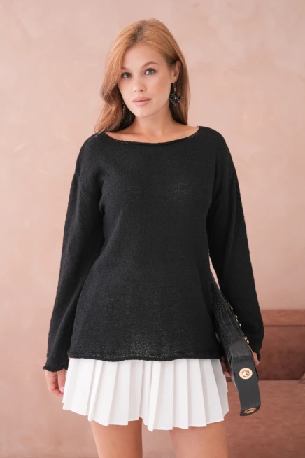 Kadın Siyah Basic Oversize Kayık Yaka Dokulu Triko Kazak 8529sw