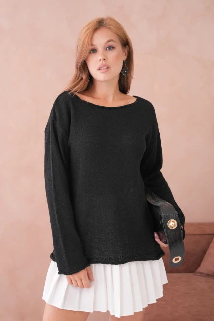 Kadın Siyah Basic Oversize Kayık Yaka Dokulu Triko Kazak 8529sw