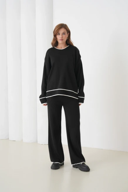 kadın siyah bisiklet yaka oversize kazak pantolon triko alt-üst takım 12352