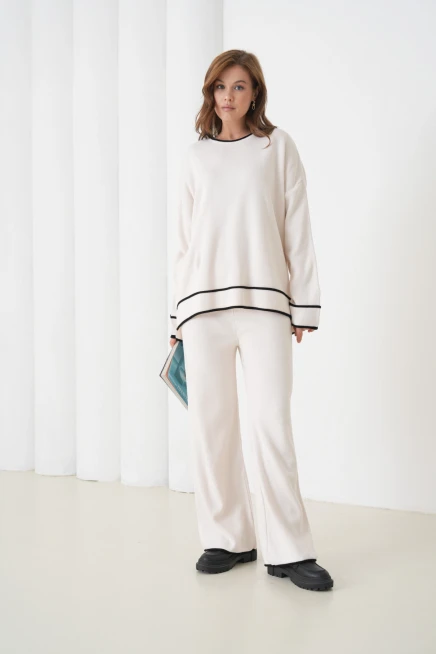 kadın taş bisiklet yaka oversize kazak pantolon triko alt-üst takım 12352