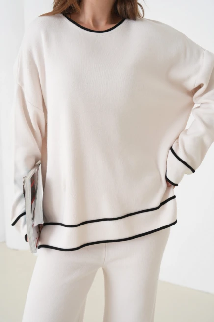 kadın taş bisiklet yaka oversize kazak pantolon triko alt-üst takım 12352