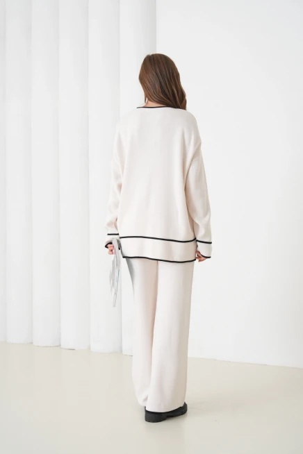 kadın taş bisiklet yaka oversize kazak pantolon triko alt-üst takım 12352