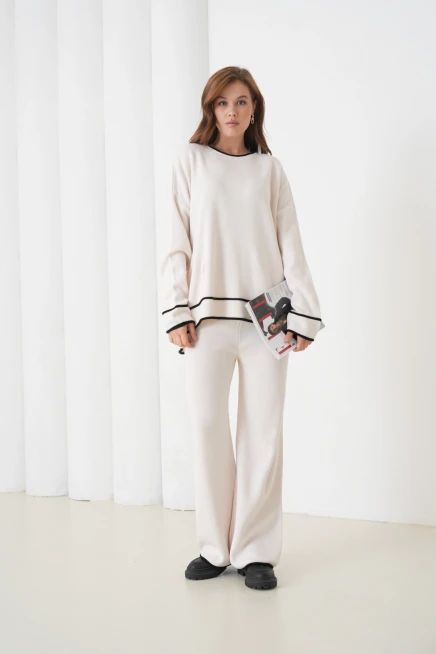 kadın taş bisiklet yaka oversize kazak pantolon triko alt-üst takım 12352