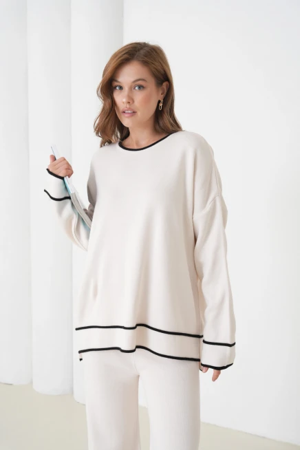 kadın taş bisiklet yaka oversize kazak pantolon triko alt-üst takım 12352