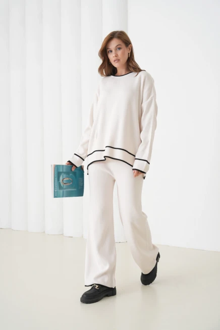 kadın taş bisiklet yaka oversize kazak pantolon triko alt-üst takım 12352