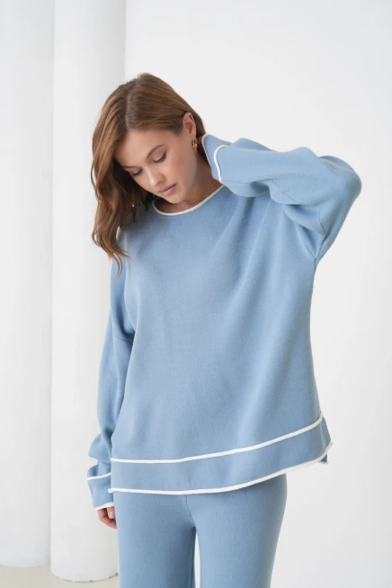 kadın siyah bisiklet yaka oversize kazak pantolon triko alt-üst takım 12352