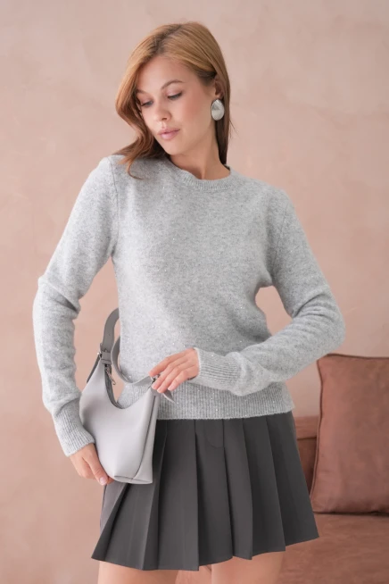 kadın gri bisiklet yaka simli yumuşak dokulu triko kazak 8540