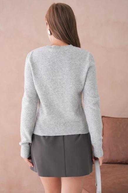 kadın gri bisiklet yaka simli yumuşak dokulu triko kazak 8540