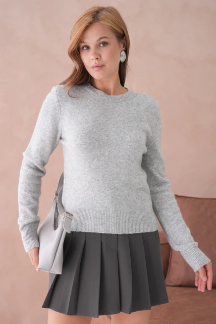 kadın gri bisiklet yaka simli yumuşak dokulu triko kazak 8540