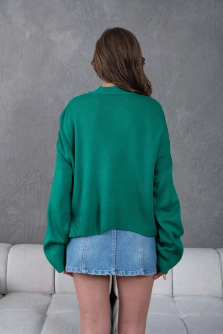 kadın yeşil dik yaka oversize nakışlı triko kazak 224301