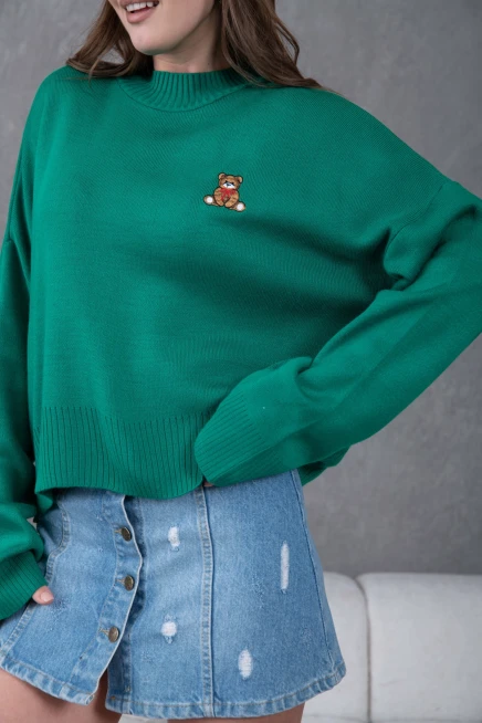 kadın yeşil dik yaka oversize nakışlı triko kazak 224301