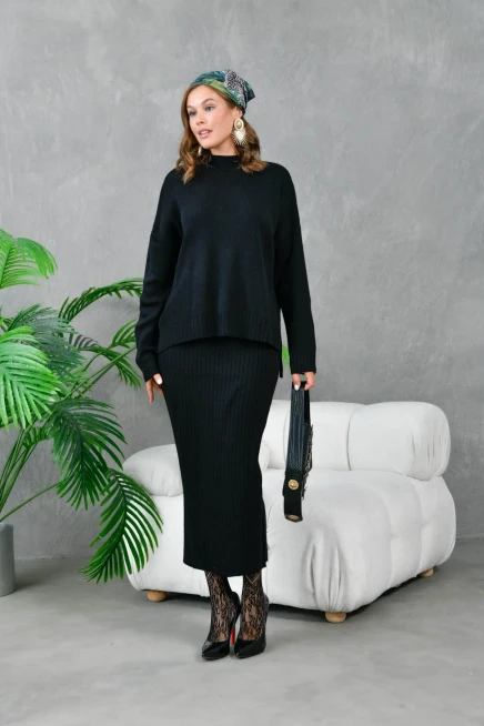 kadın siyah dik yaka salaş kazak uzun etekli ikili triko takım 10270