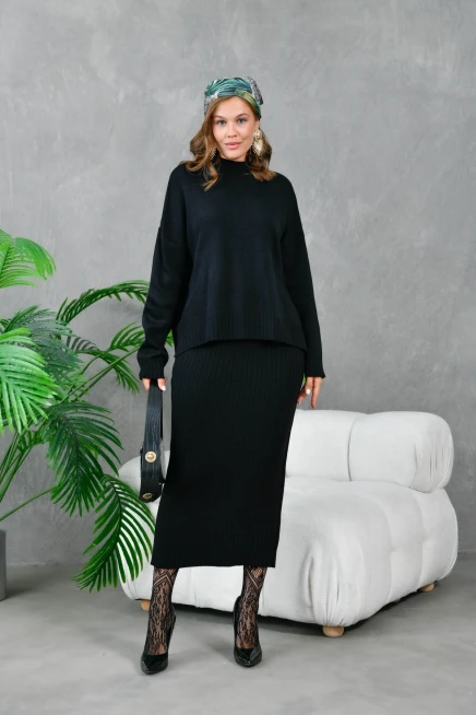 kadın siyah dik yaka salaş kazak uzun etekli ikili triko takım 10270