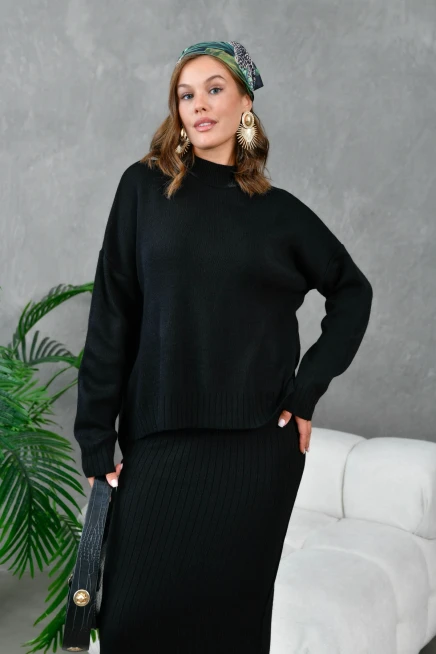 kadın siyah dik yaka salaş kazak uzun etekli ikili triko takım 10270