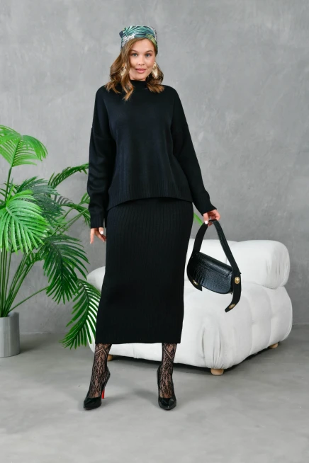 kadın siyah dik yaka salaş kazak uzun etekli ikili triko takım 10270