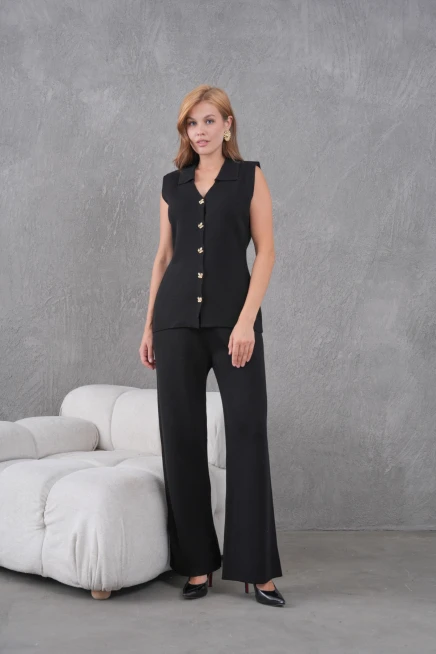 kadın siyah gömlek yaka düğmeli yelek palazzo pantolon triko alt-üst takım 12243