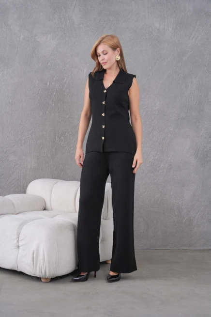 kadın siyah gömlek yaka düğmeli yelek palazzo pantolon triko alt-üst takım 12243
