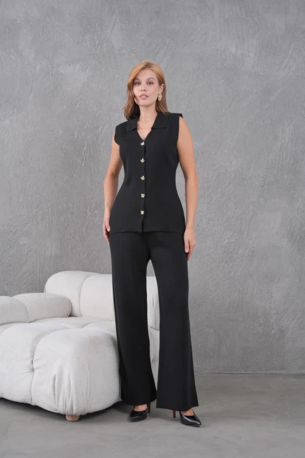 kadın siyah gömlek yaka düğmeli yelek palazzo pantolon triko alt-üst takım 12243
