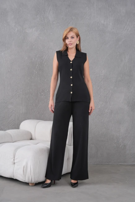 kadın siyah gömlek yaka düğmeli yelek palazzo pantolon triko alt-üst takım 12243
