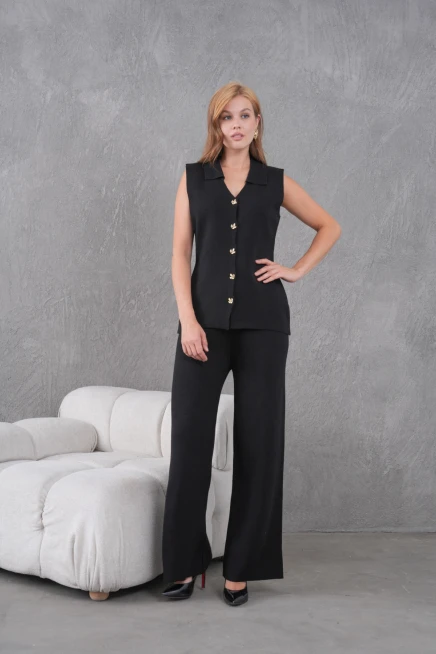 kadın siyah gömlek yaka düğmeli yelek palazzo pantolon triko alt-üst takım 12243