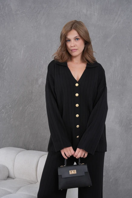 kadın siyah kendinden dokulu düğmeli kazak pantolon triko alt-üst takım 12287