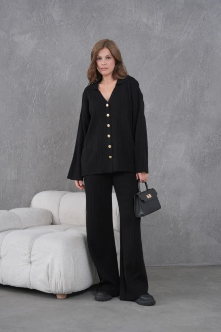 kadın siyah kendinden dokulu düğmeli kazak pantolon triko alt-üst takım 12287