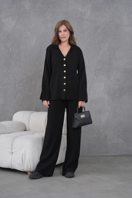 kadın siyah kendinden dokulu düğmeli kazak pantolon triko alt-üst takım 12287