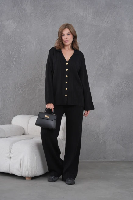 kadın siyah kendinden dokulu düğmeli kazak pantolon triko alt-üst takım 12287