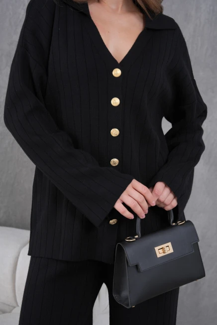 kadın siyah kendinden dokulu düğmeli kazak pantolon triko alt-üst takım 12287