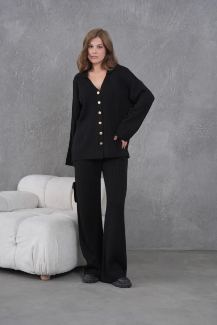 kadın siyah kendinden dokulu düğmeli kazak pantolon triko alt-üst takım 12287
