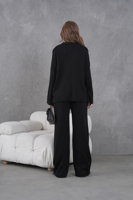 kadın siyah kendinden dokulu düğmeli kazak pantolon triko alt-üst takım 12287