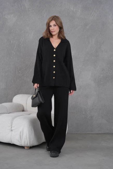 kadın siyah kendinden dokulu düğmeli kazak pantolon triko alt-üst takım 12287