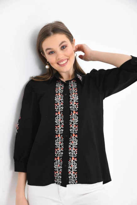 Kadın Siyah Nakış İşlemeli Uzun Kol Gömlek