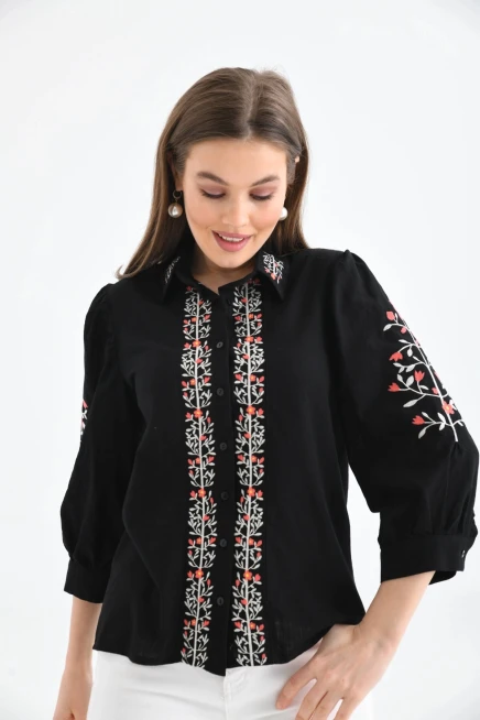 Kadın Siyah Nakış İşlemeli Uzun Kol Gömlek