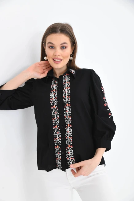 Kadın Siyah Nakış İşlemeli Uzun Kol Gömlek