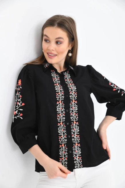Kadın Siyah Nakış İşlemeli Uzun Kol Gömlek