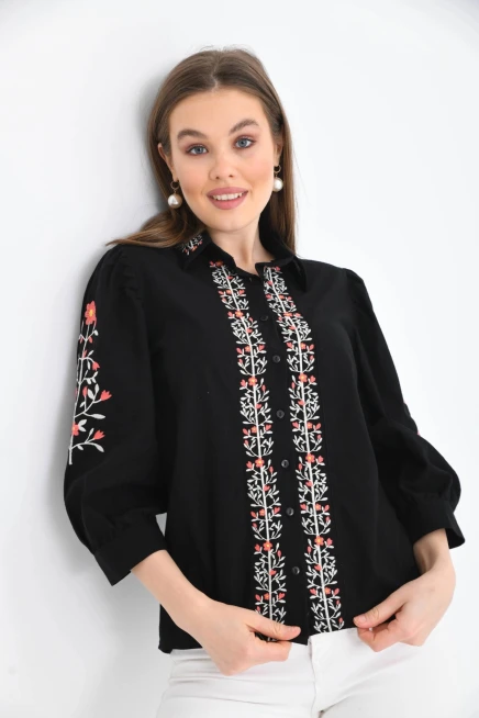Kadın Siyah Nakış İşlemeli Uzun Kol Gömlek