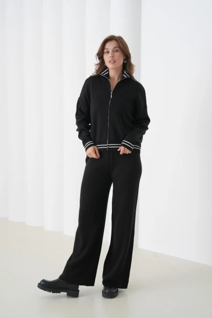 kadın siyah polo yaka fermuarlı kazak pantolon triko alt-üst takım 12343