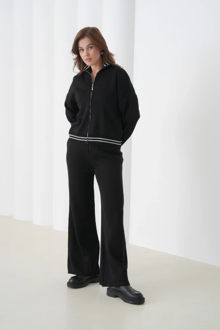 kadın siyah polo yaka fermuarlı kazak pantolon triko alt-üst takım 12343