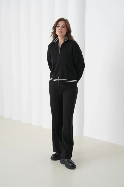 kadın siyah polo yaka fermuarlı kazak pantolon triko alt-üst takım 12343