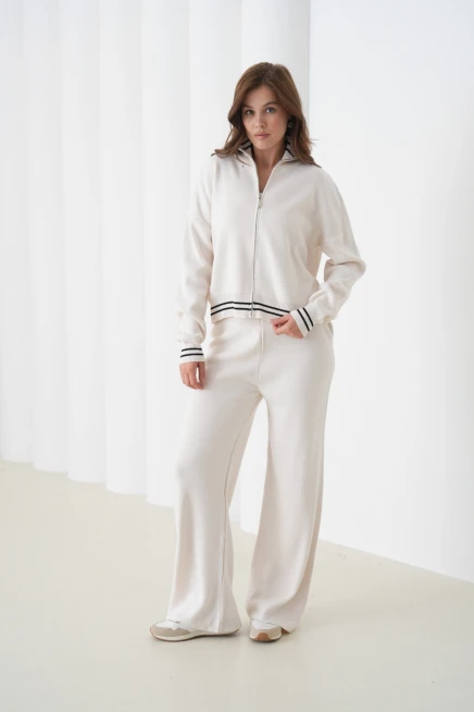 kadın siyah polo yaka fermuarlı kazak pantolon triko alt-üst takım 12343